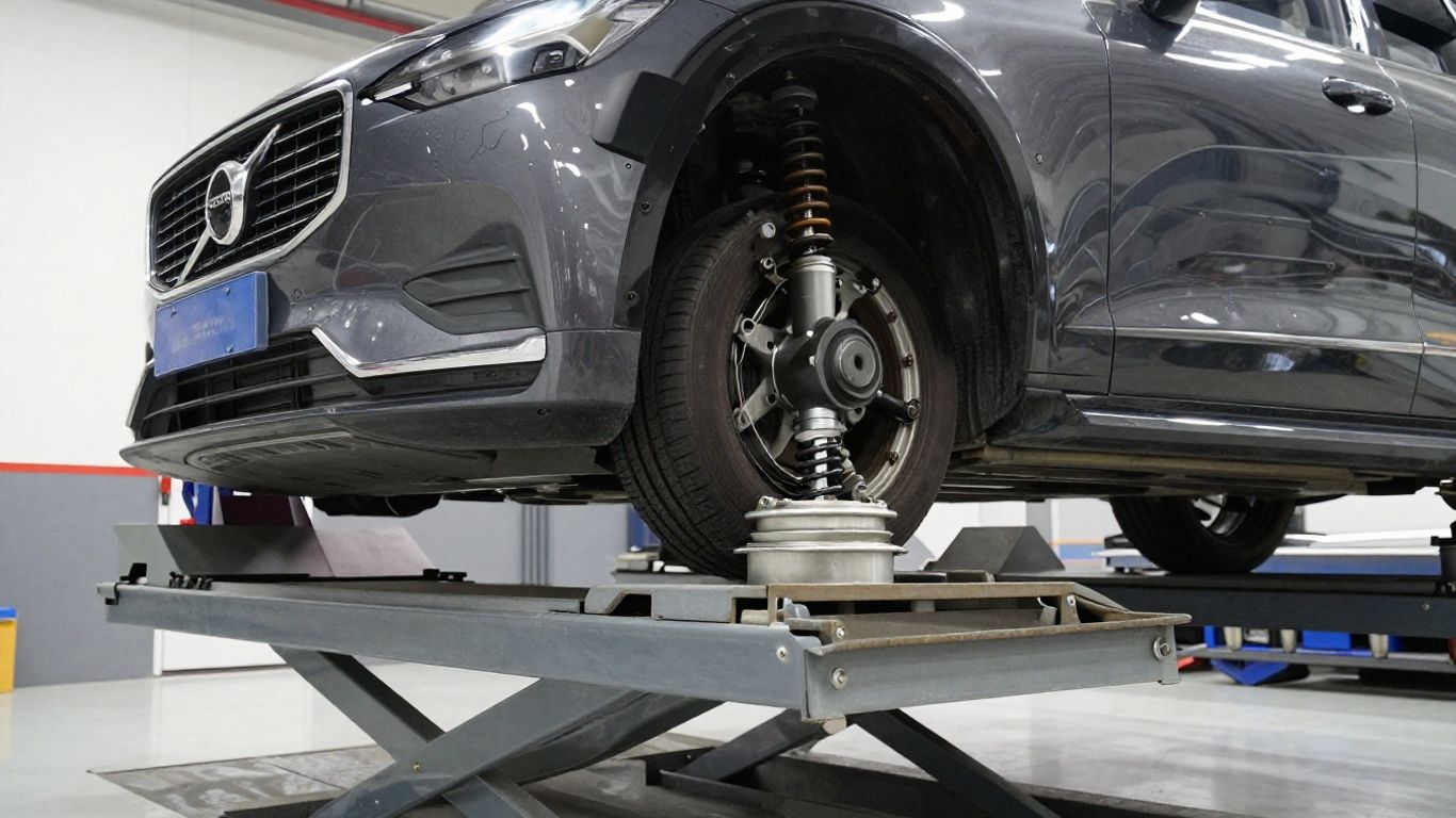 A Volvo vehicle on a suspension lift