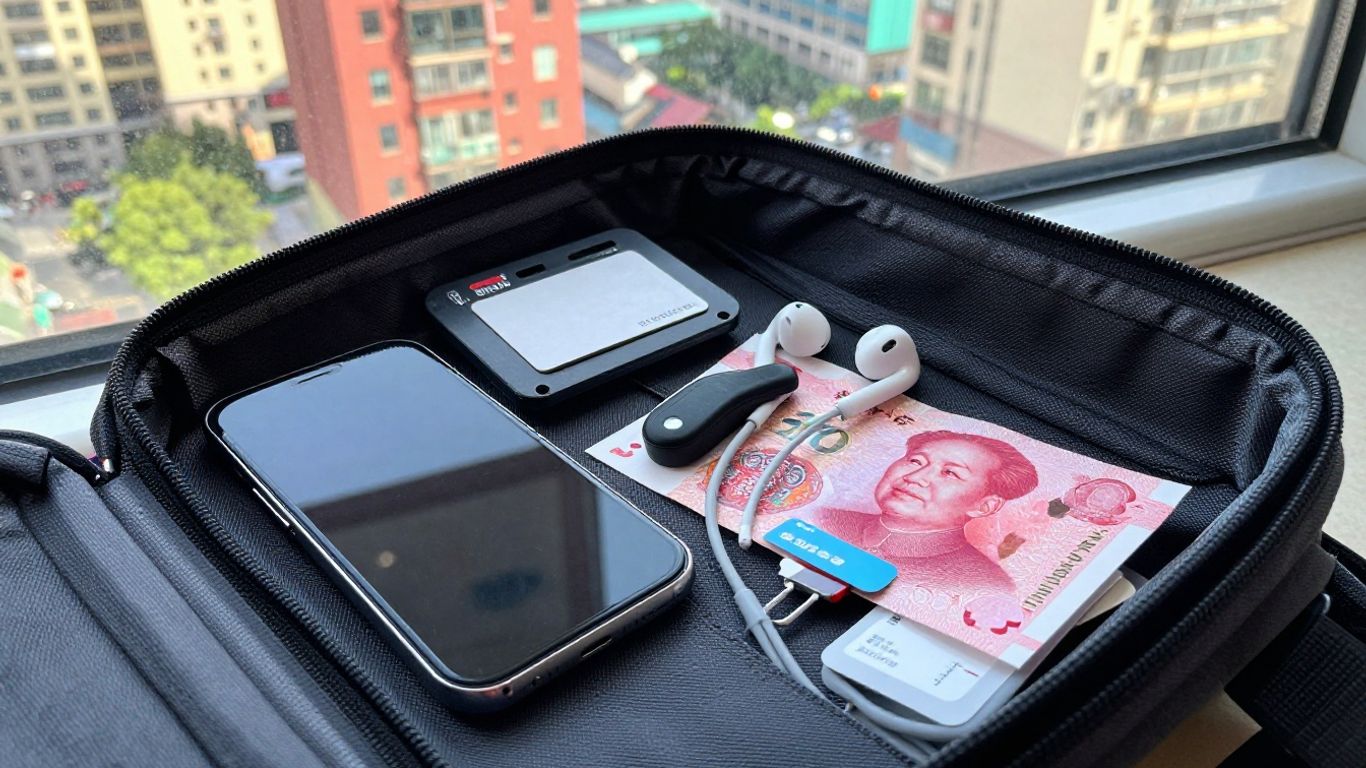 Phone, metro card, and yuan on a travel table
