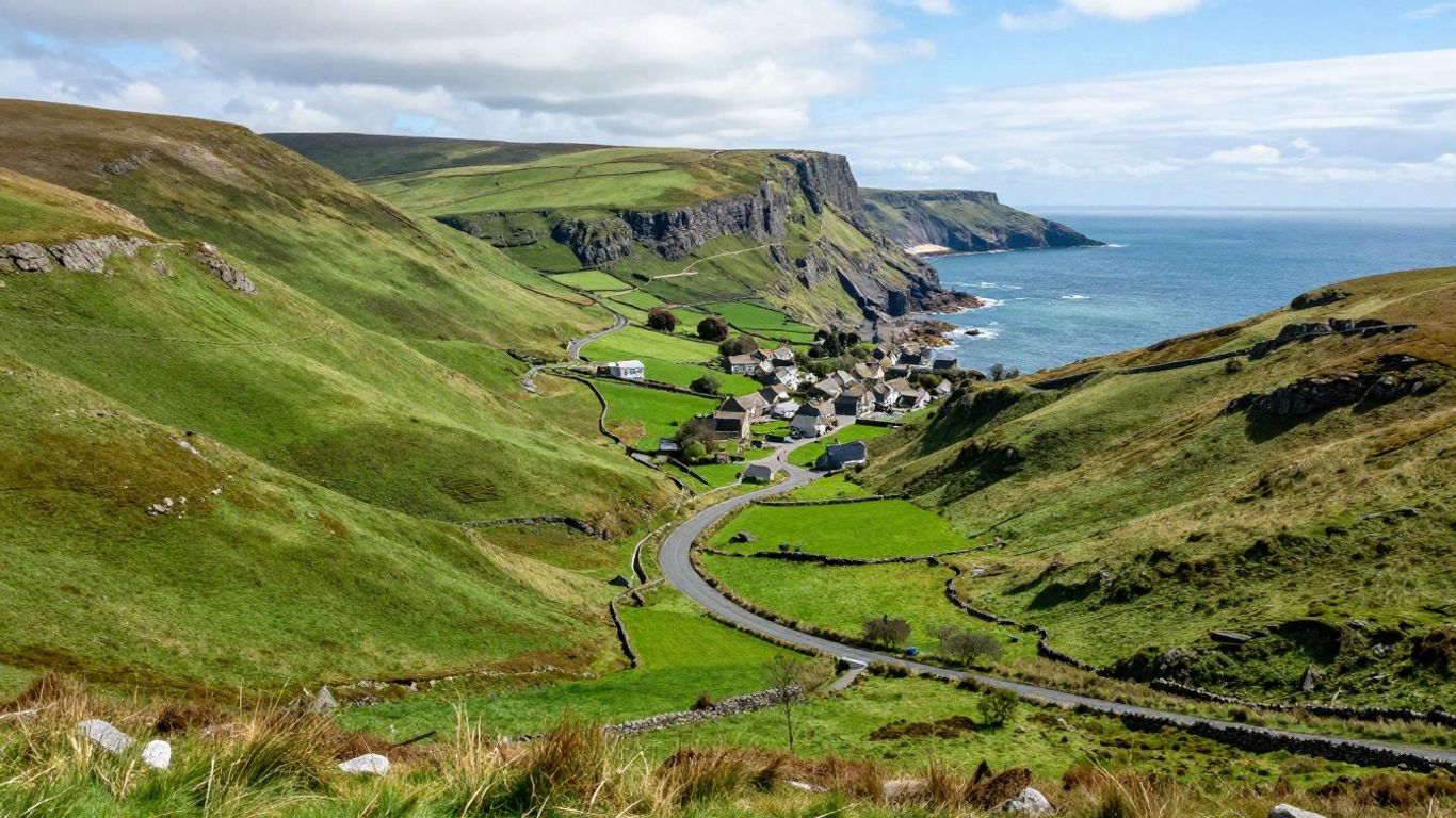 Scenic UK landscape with hills, coast, and village.