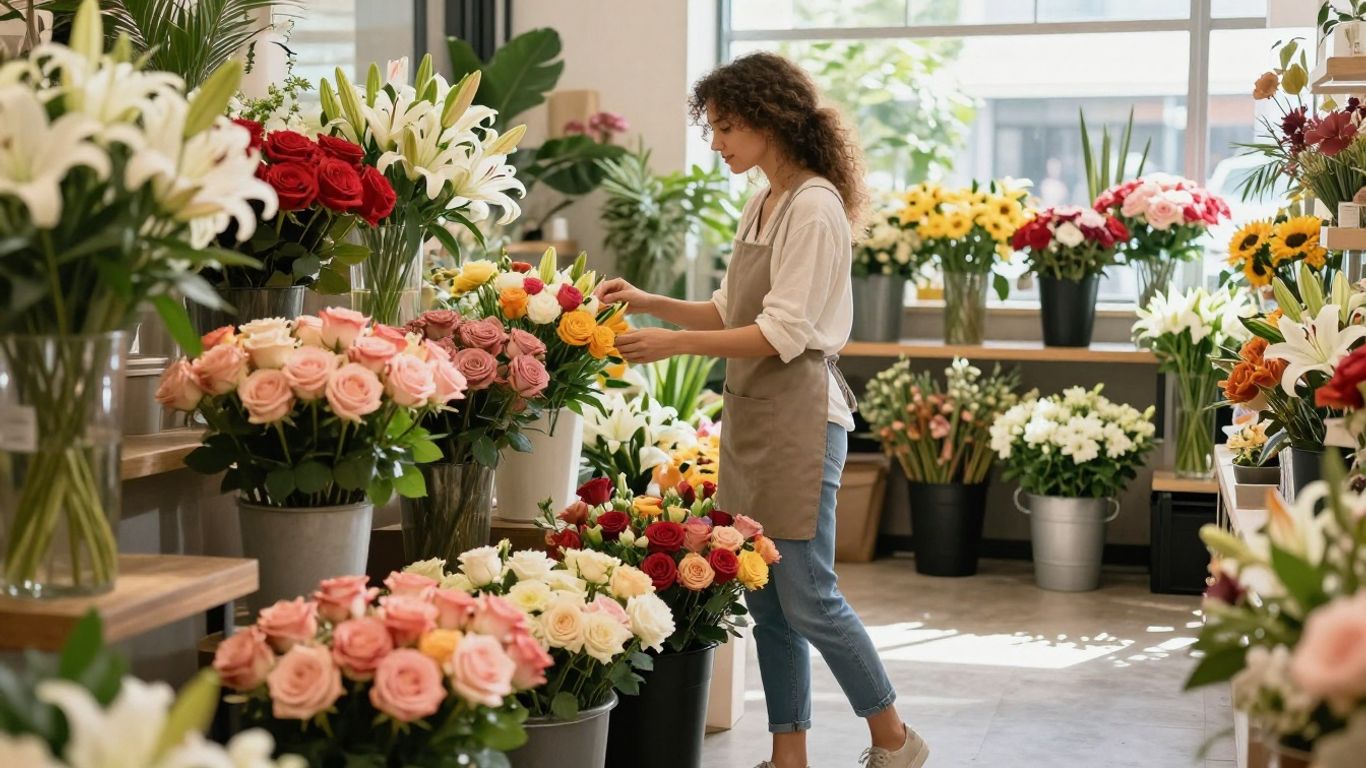 A customer browsing fragrant flowers in a floral shop