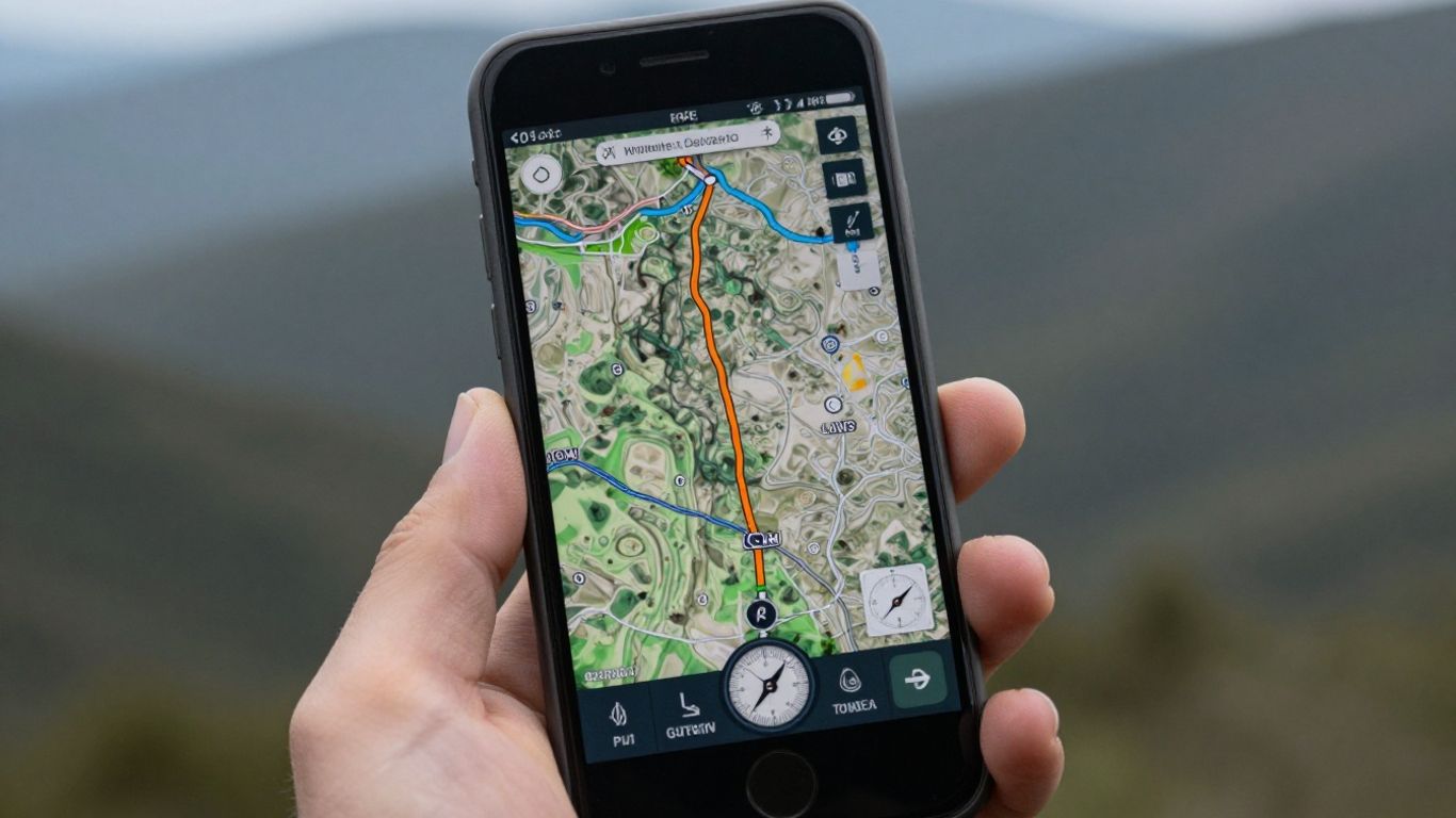 Smartphone com mapa GPS offline e bússola.