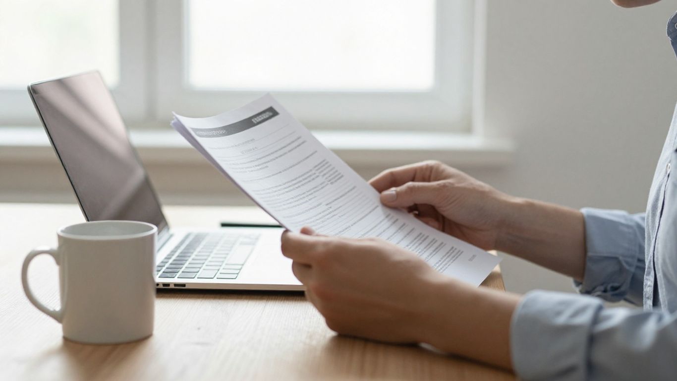 Person reviewing banking documents beside a laptop