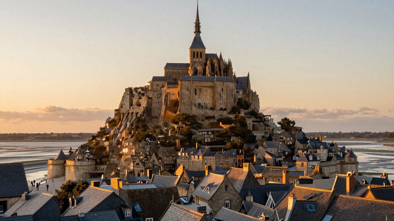 Mont Saint Michel village and ramparts at golden hour