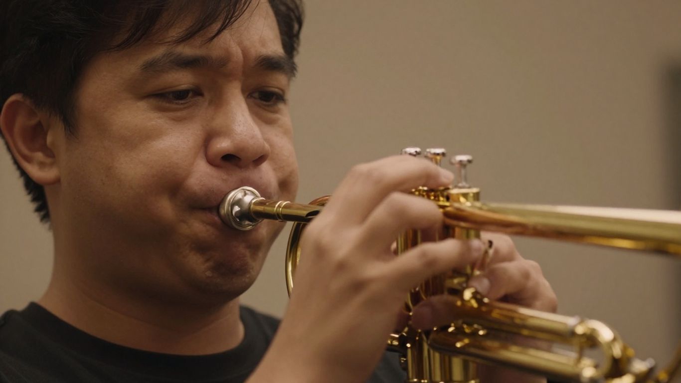 Musiker spielt Trompete mit Fokus auf Mundstück und Ventile.