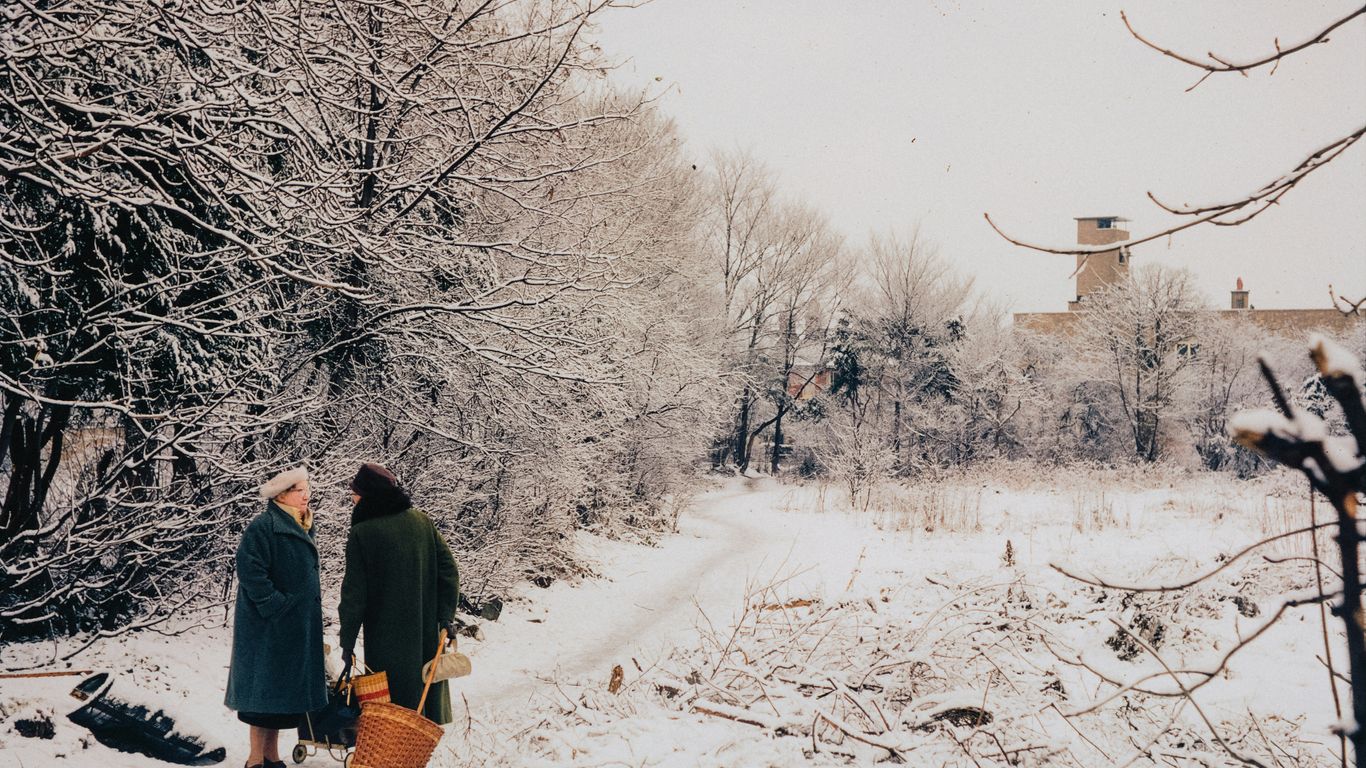 Two women walk on a snowy path past trees.
