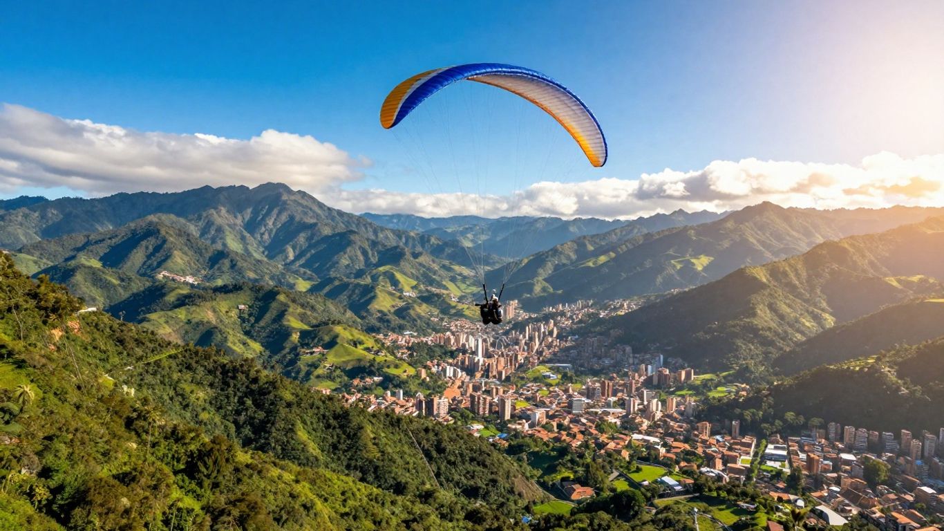 Paraglider flying over Medellin mountains and city.