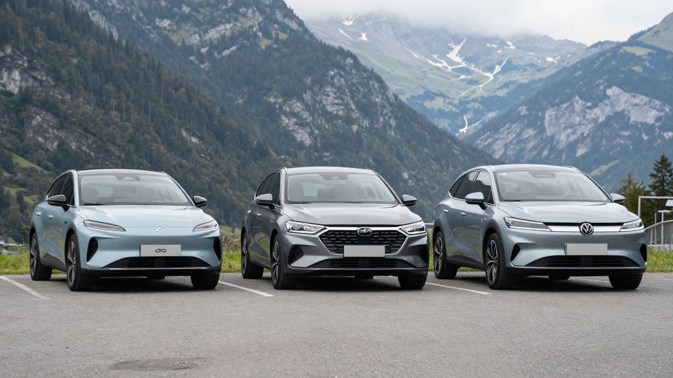 Elektroauto und Verbrenner auf Schweizer Parkplatz
