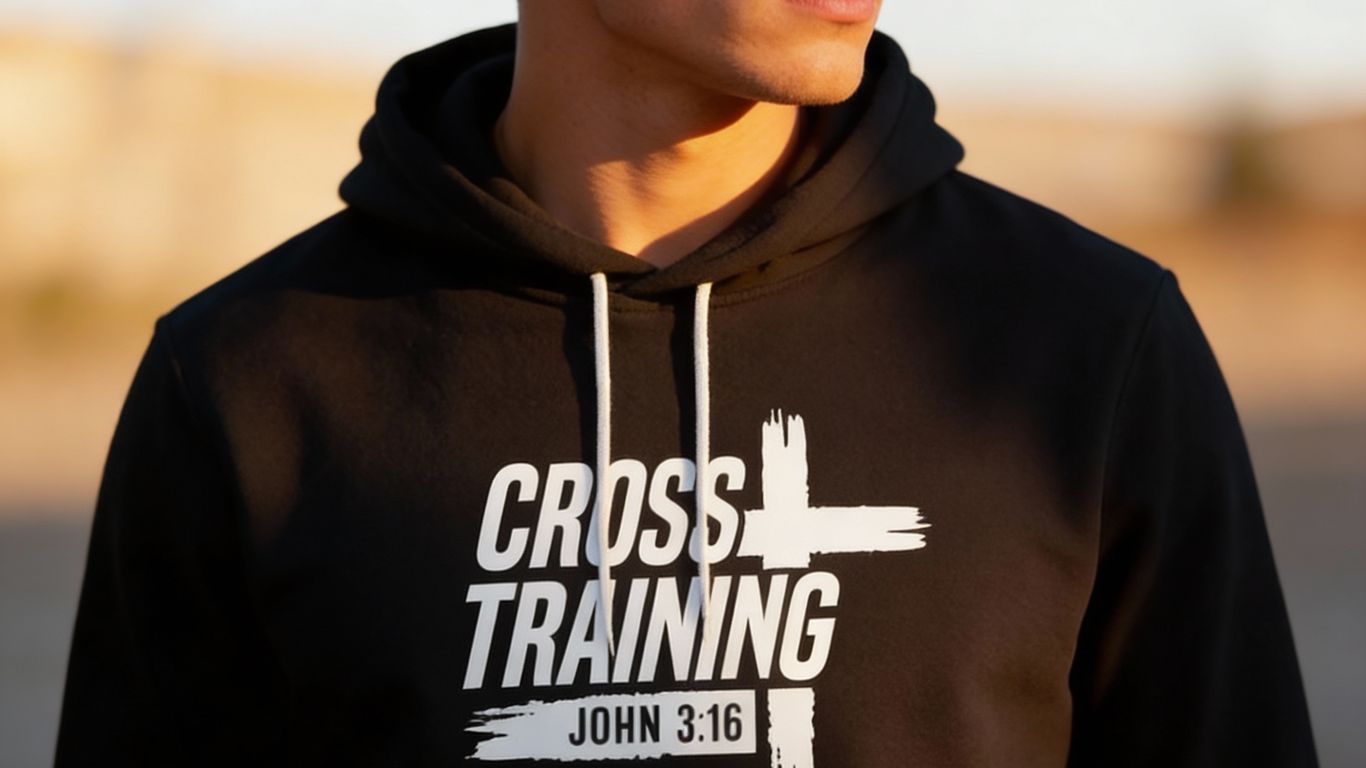 A person wears a black hoodie with 