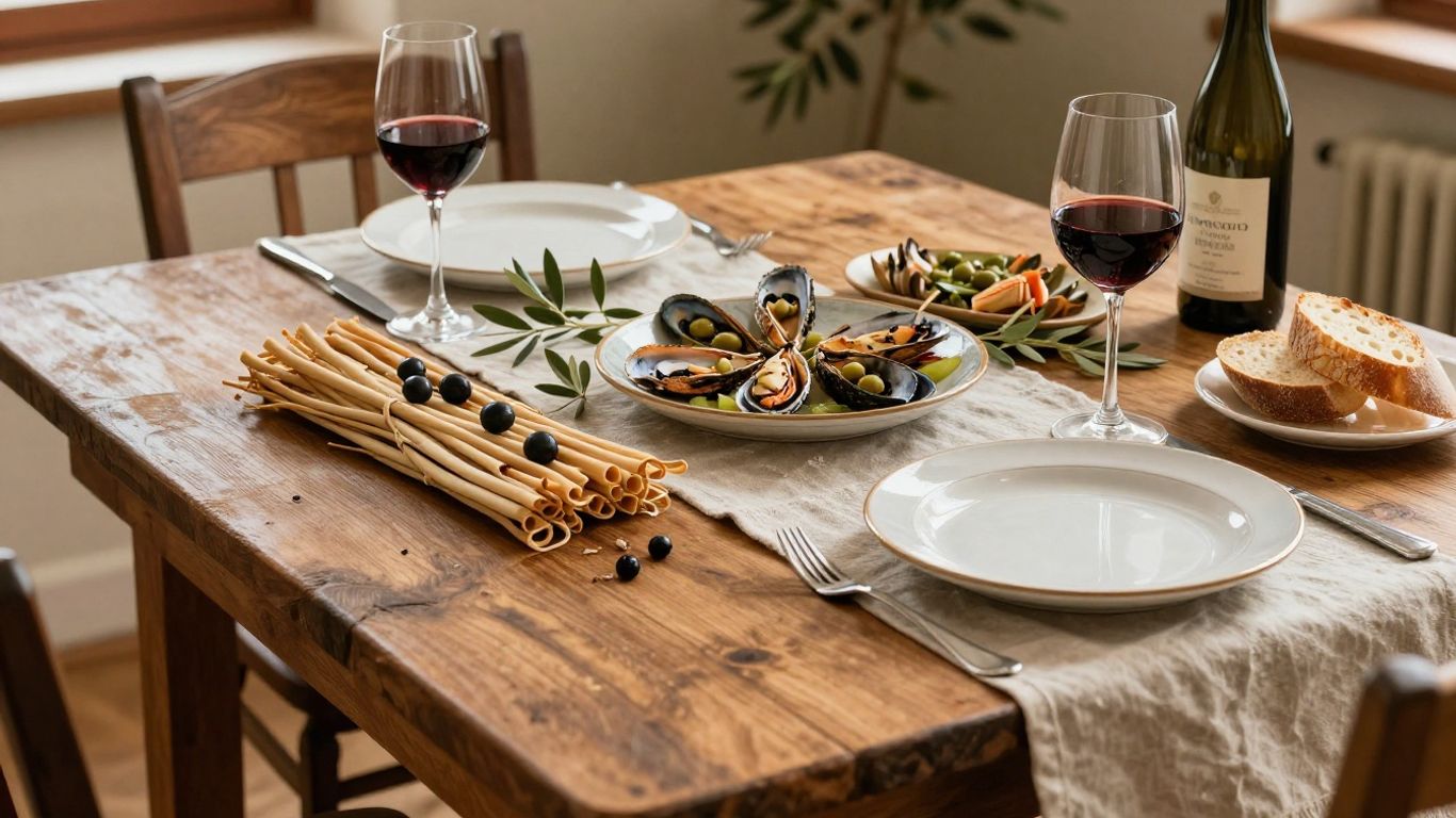Marche table with pasta seafood olives and wine
