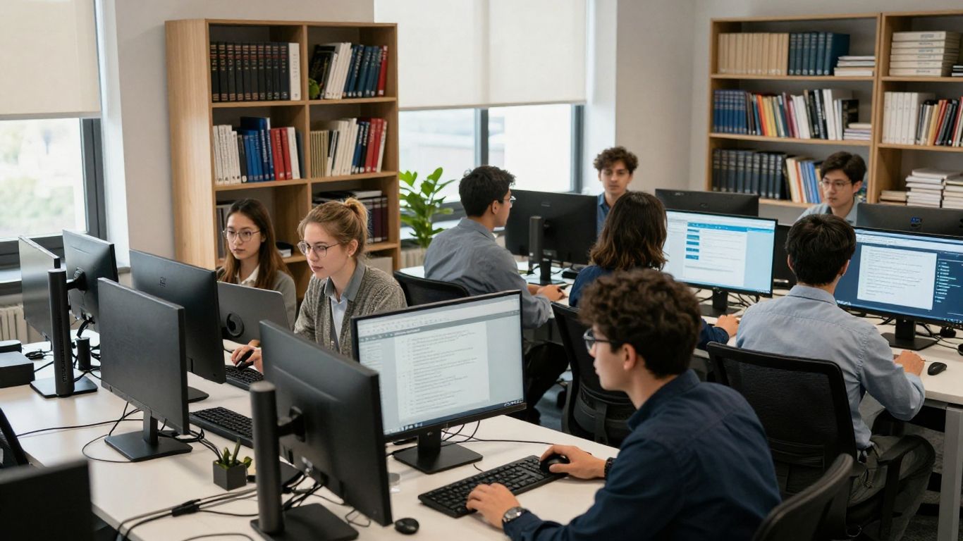 Equipo de soporte IT colaborando en oficina moderna