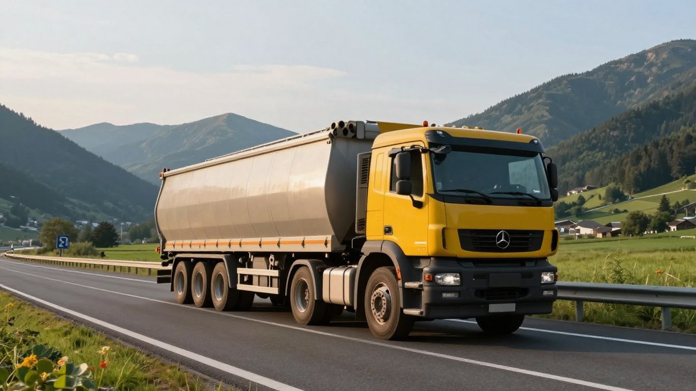A truck driving on a scenic highway