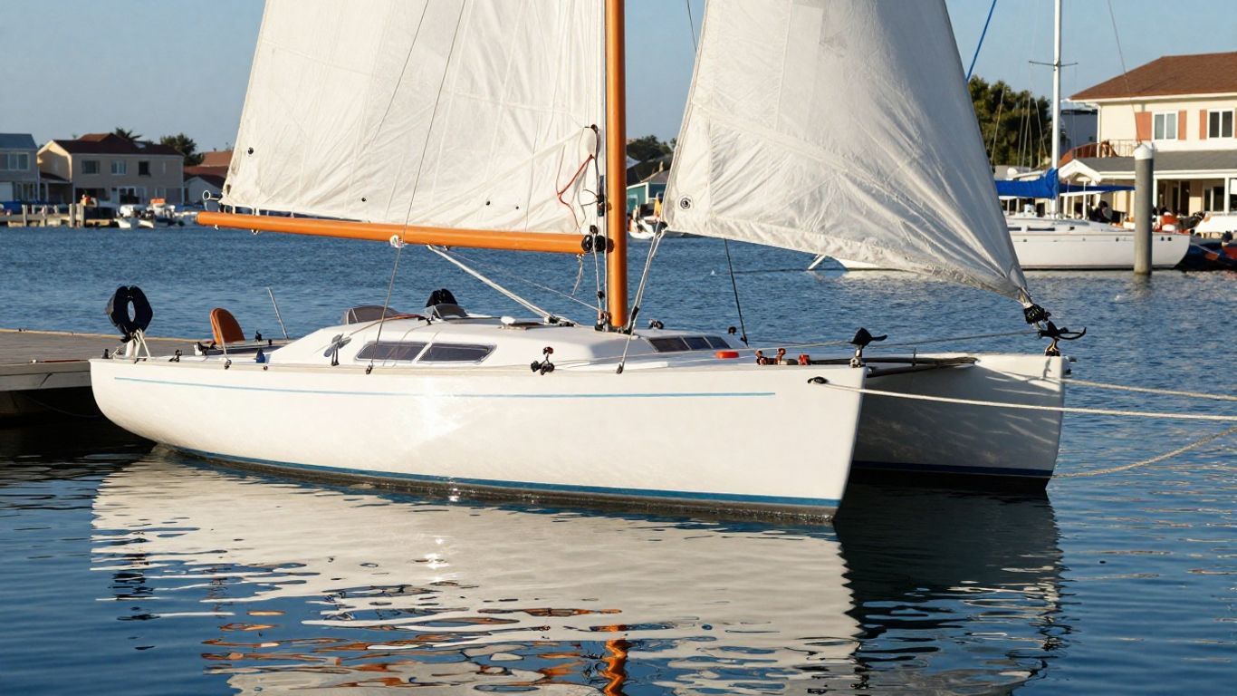 Catamaran docking with ropes secured to cleats.
