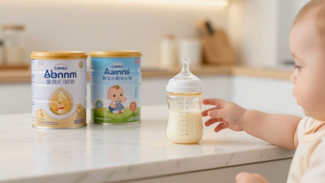 Latas de fórmula para bebés y biberones en una cocina.