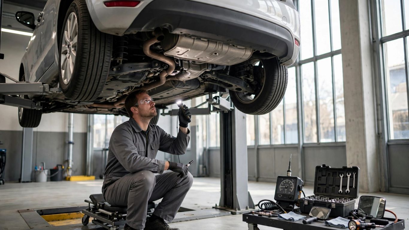 Prüfer kontrolliert ein Auto in einer Werkstatt