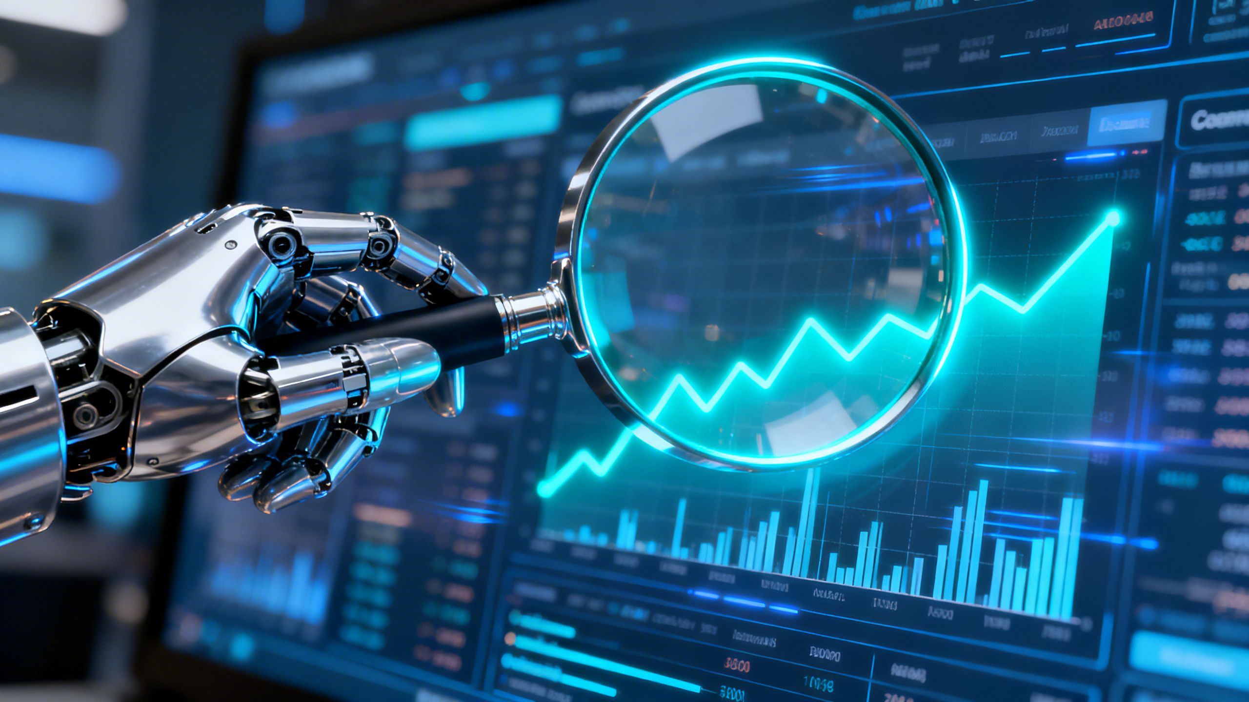 A futuristic magnifying glass held by a robotic hand, hovering over a complex dashboard of eCommerce data, highlighting a glowing trend line that was previously hidden.