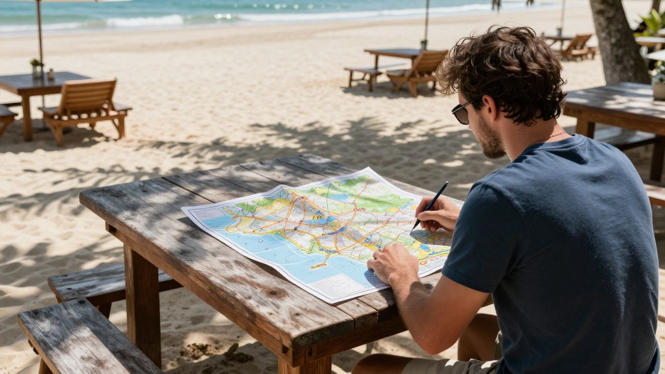 Travelers looking at a tropical resort map