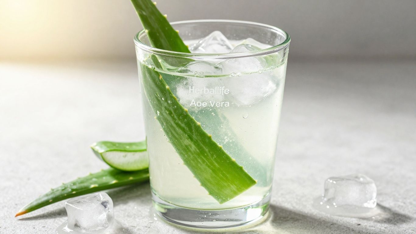 Herbalife Aloe drink with fresh aloe leaves and ice.
