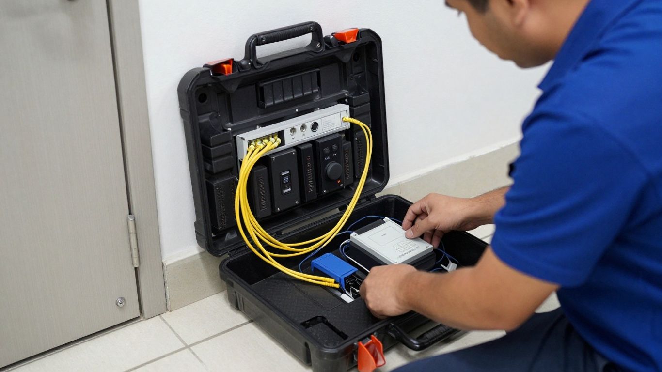 Technician installing gateway near a secured office doorway