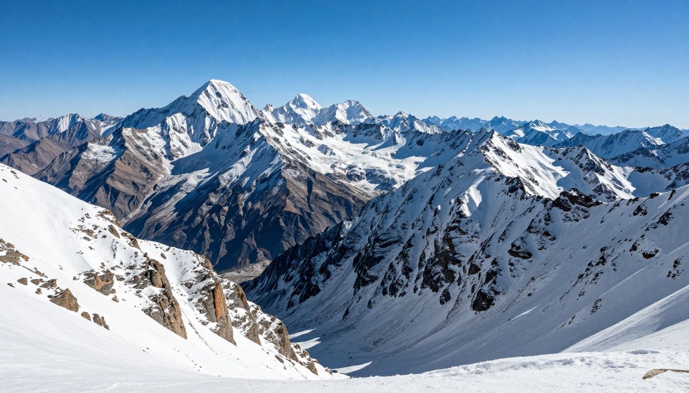 Um panorama épico das cordilheiras do Himalaia com picos nevados e céu azul claro, capturando toda a grandiosidade e magnitude das montanhas mais altas do planeta.
