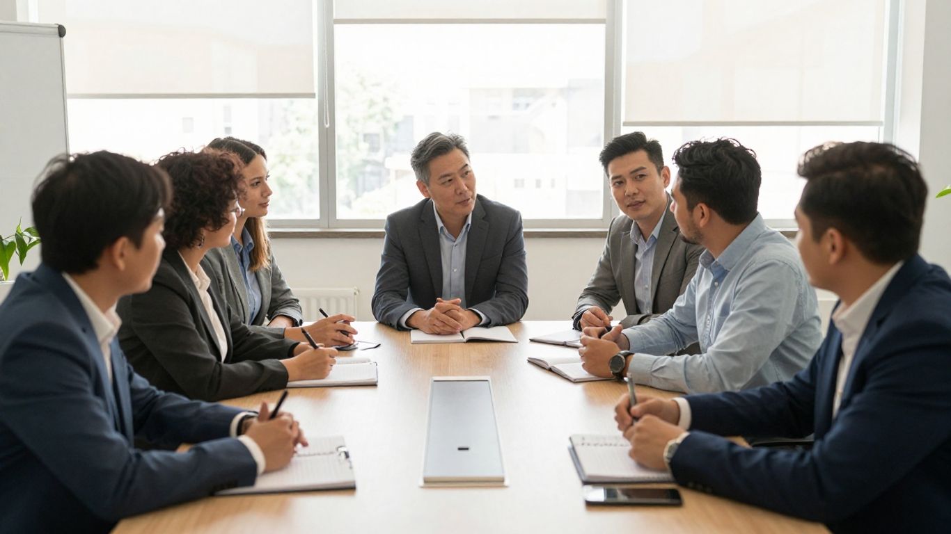 Managers discussing employee development in a bright office