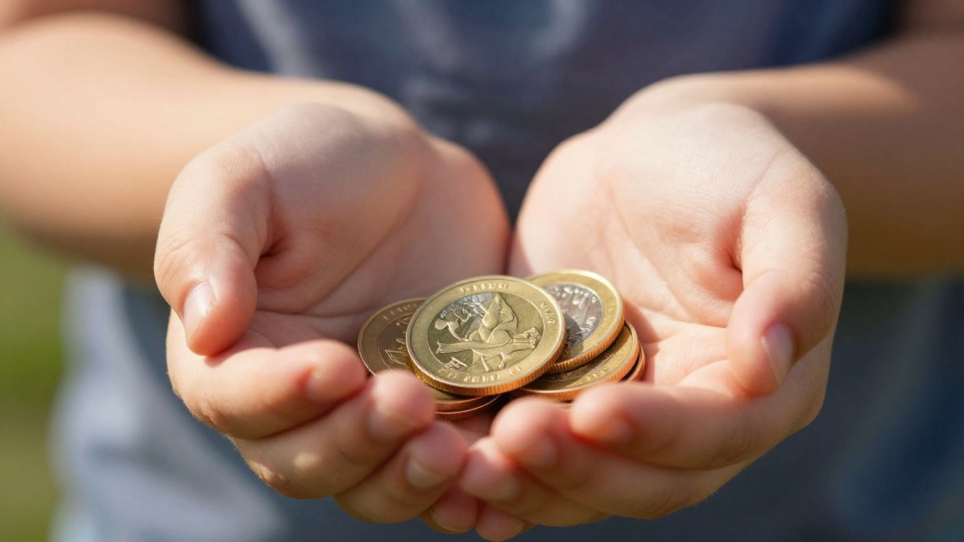 Enfant tenant une pièce d'or brillante.