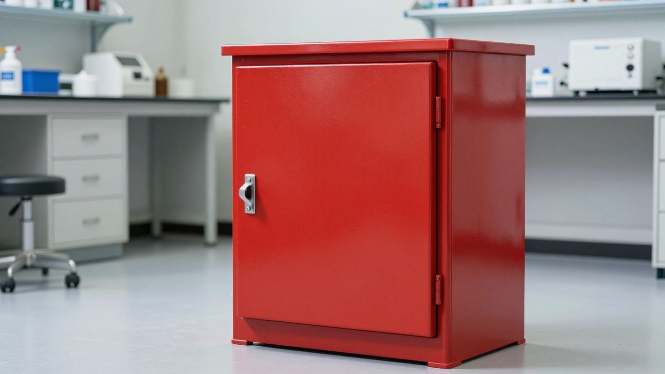Red fire cabinet storing flammable materials safely.