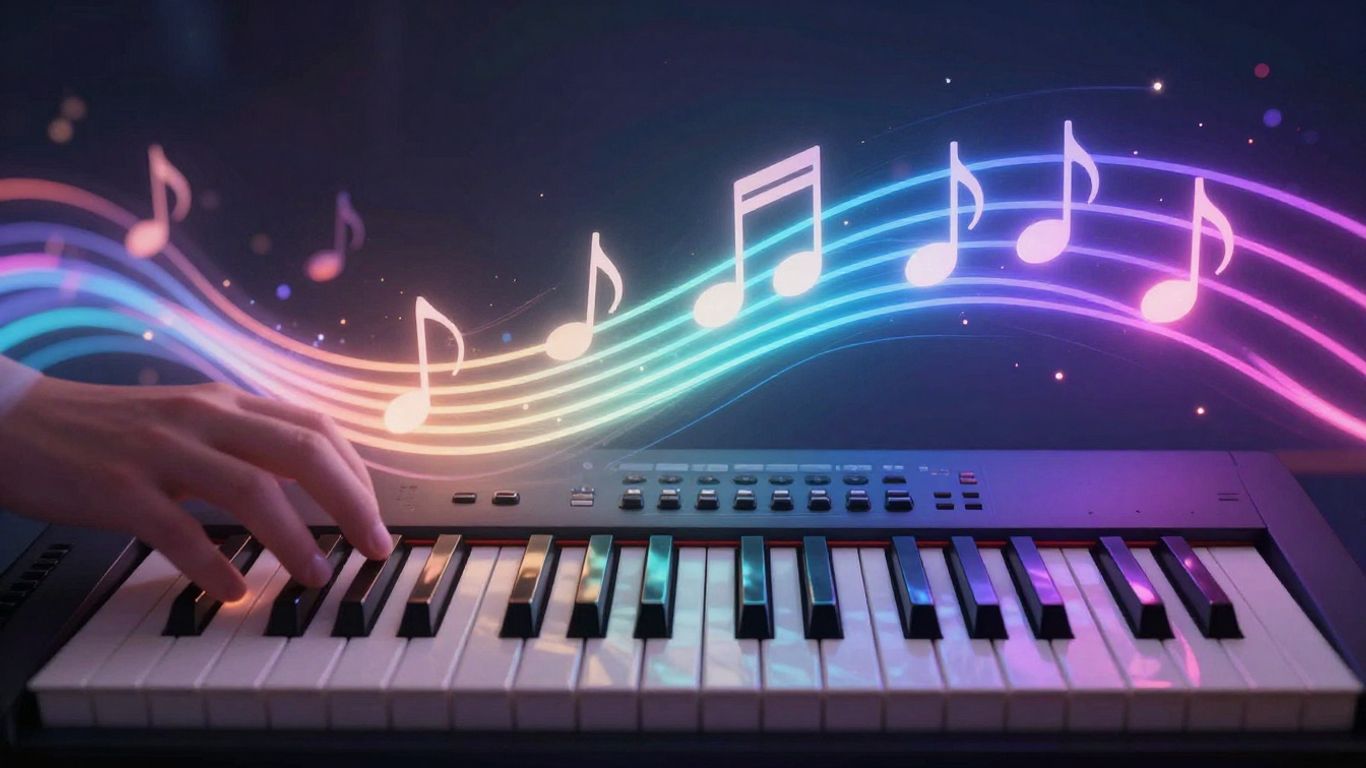 Keyboard generating music with sound waves and notes.