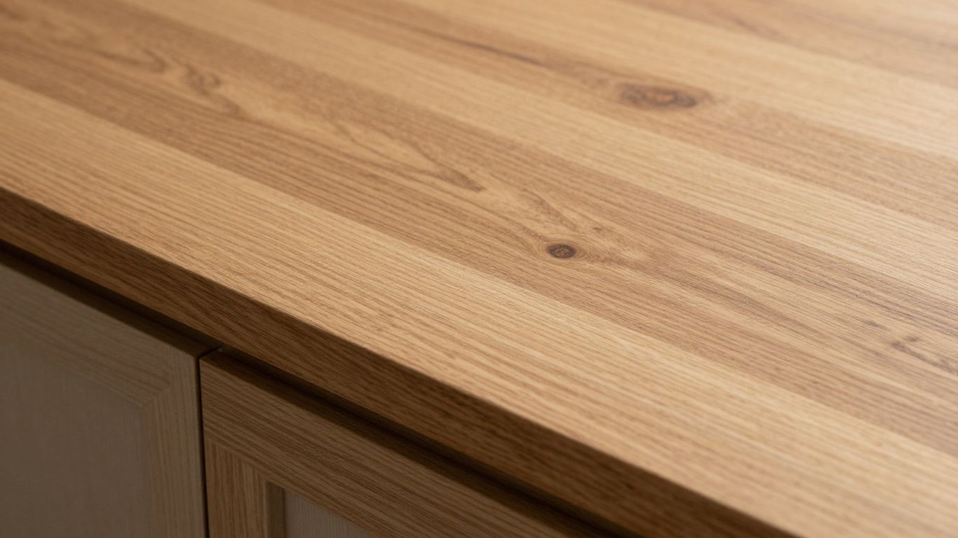 Close-up of a solid oak kitchen worktop's grain.