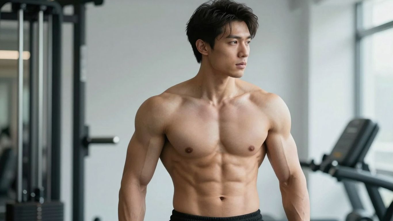 Muscular man in gym, healthy and confident