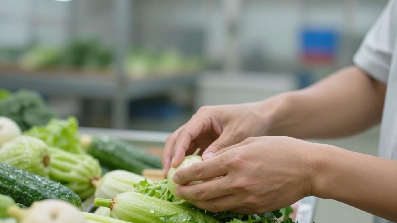 Hände prüfen Lebensmittel in Produktionsanlage.