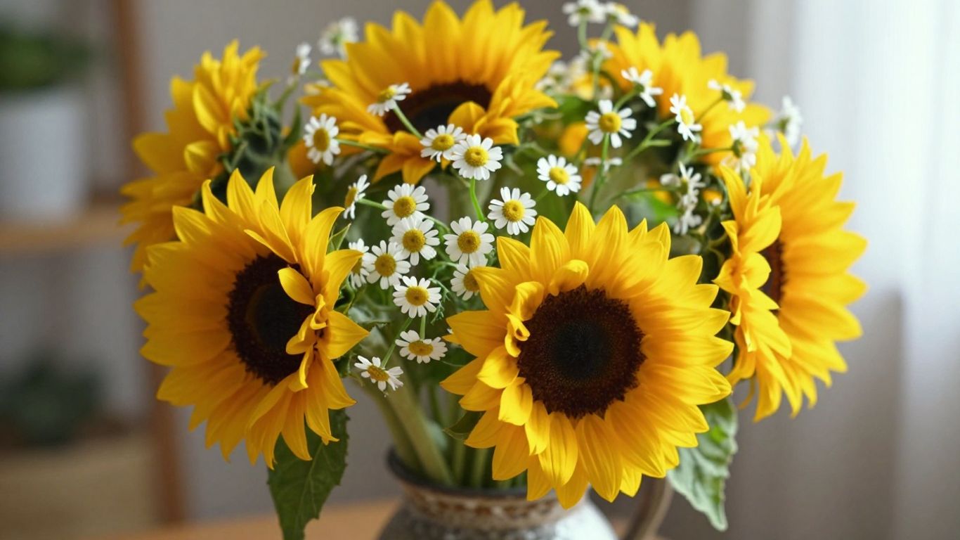 Bright bouquet of sunflowers and daisies in a vase.