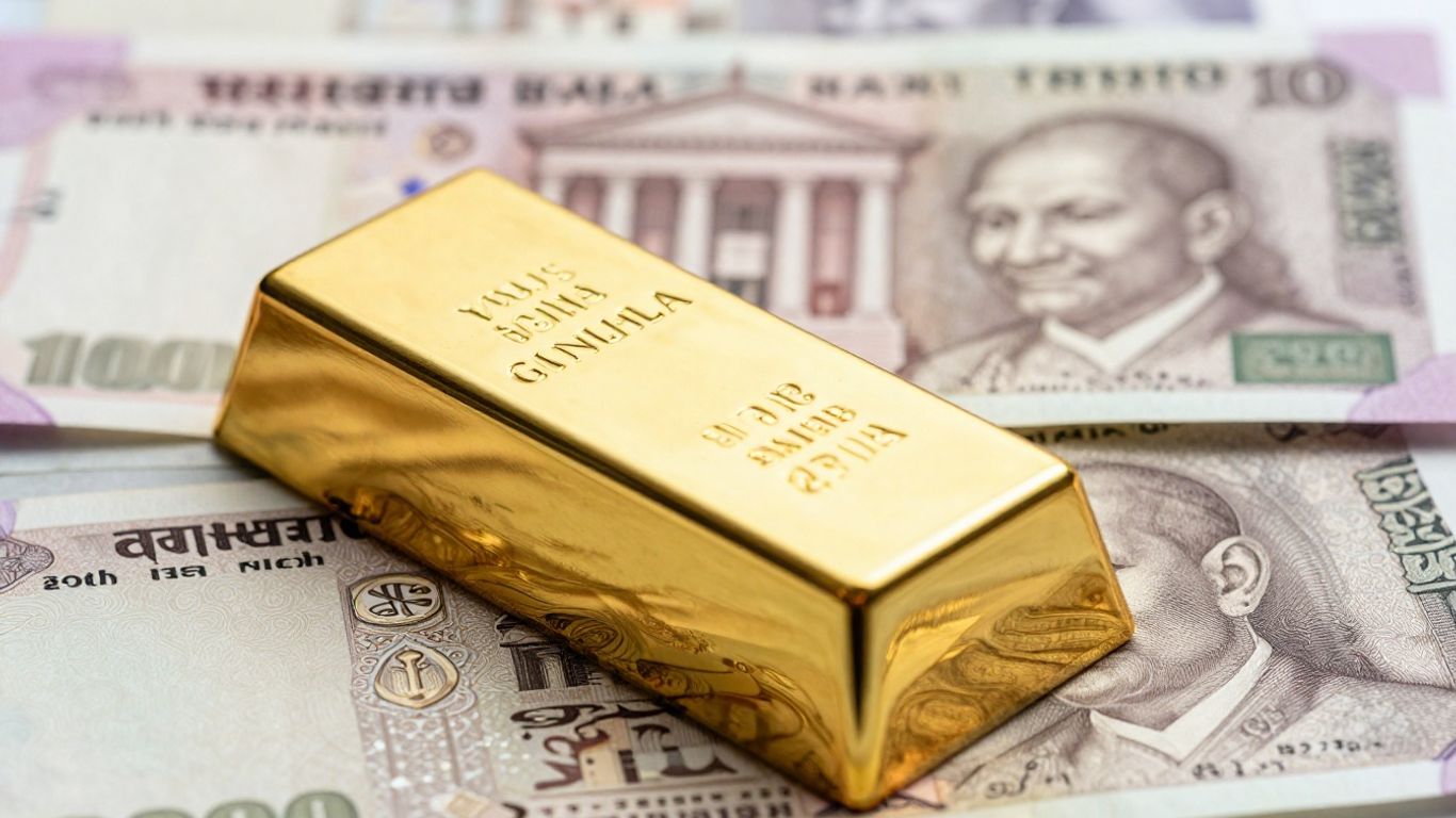 图中可见金条和印度卢比，背景是中央银行。