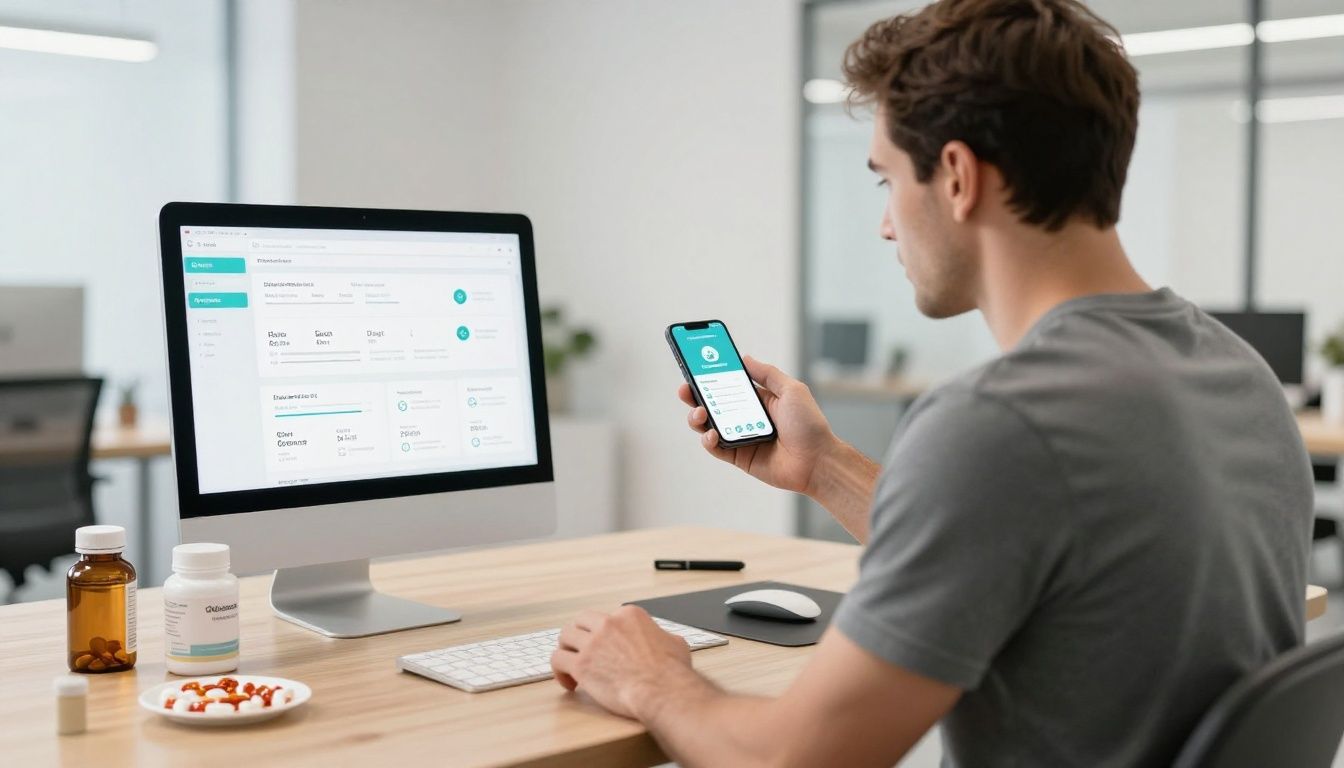 A professional health-tech scene showing a man using an app on his phone to track his wellness routine alongside organized supplements and fitness equipment in a bright, modern office space
