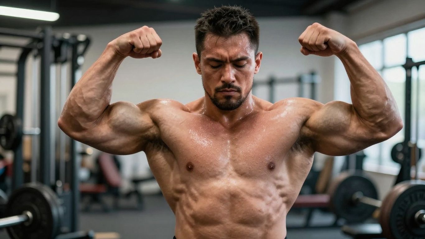 Powerlifter flexing muscles in a gym.