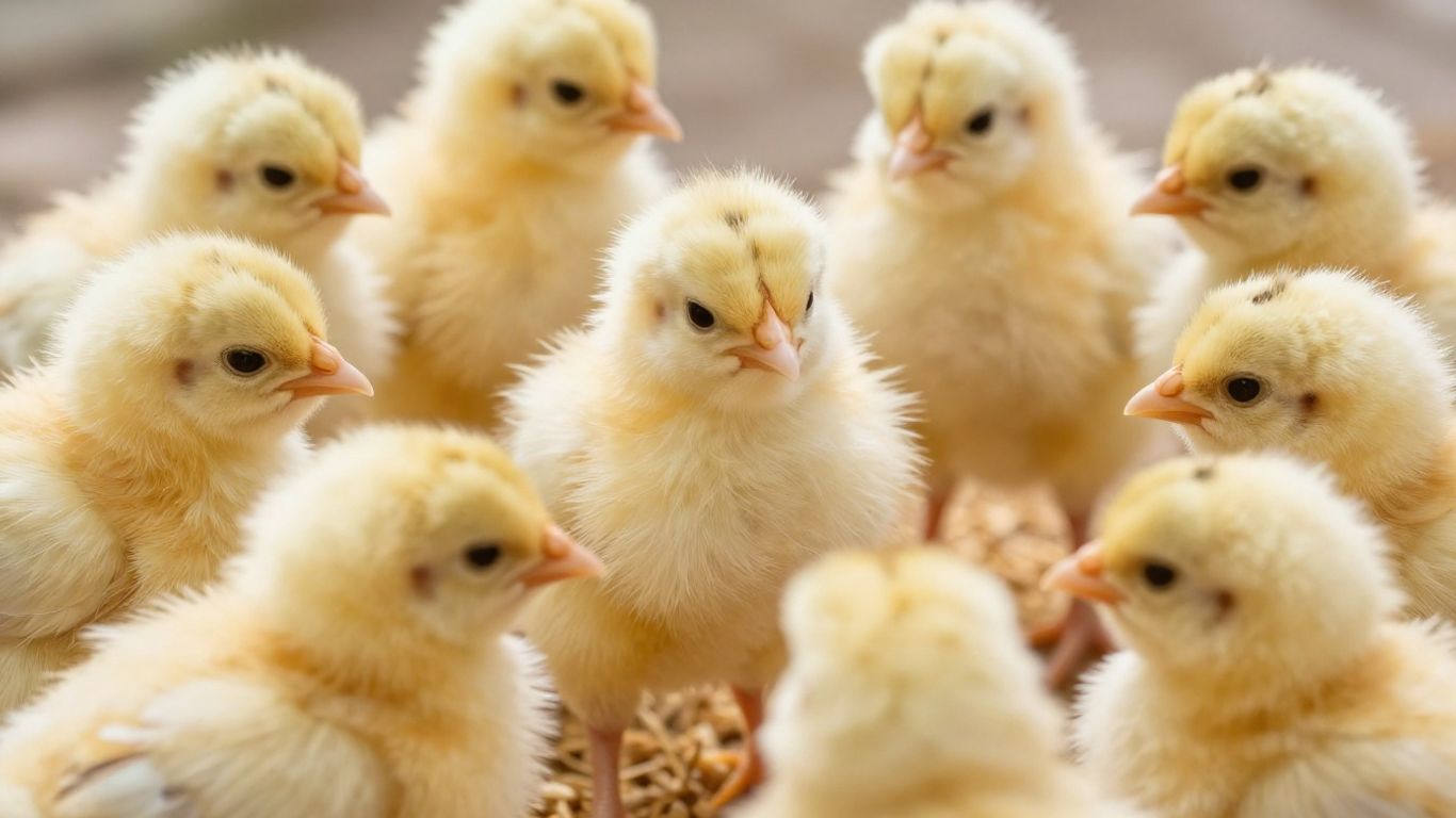 Małe, żółte kurczaki jedzące paszę.