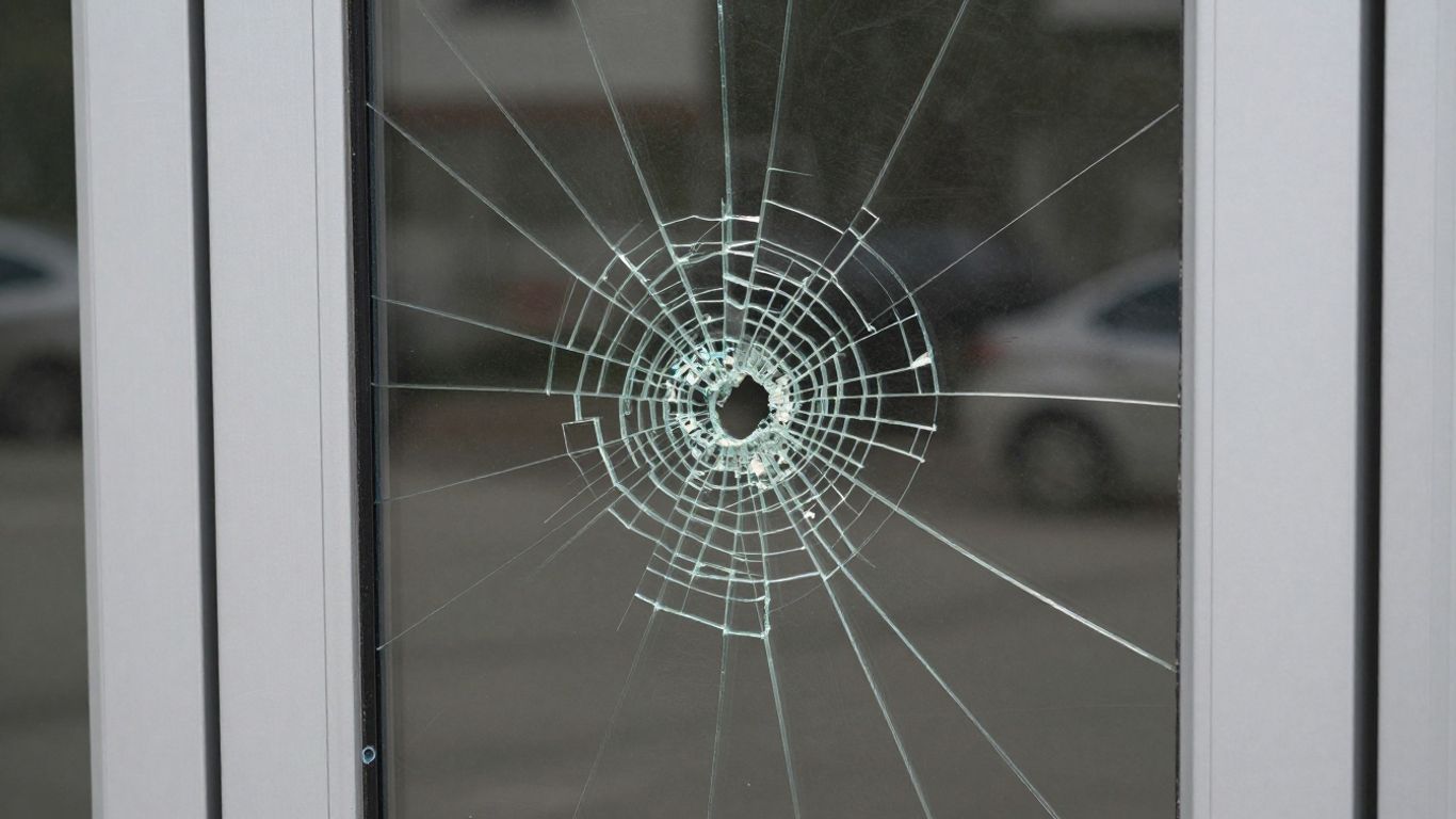 Damaged commercial entrance door with cracked glass and bent frame.