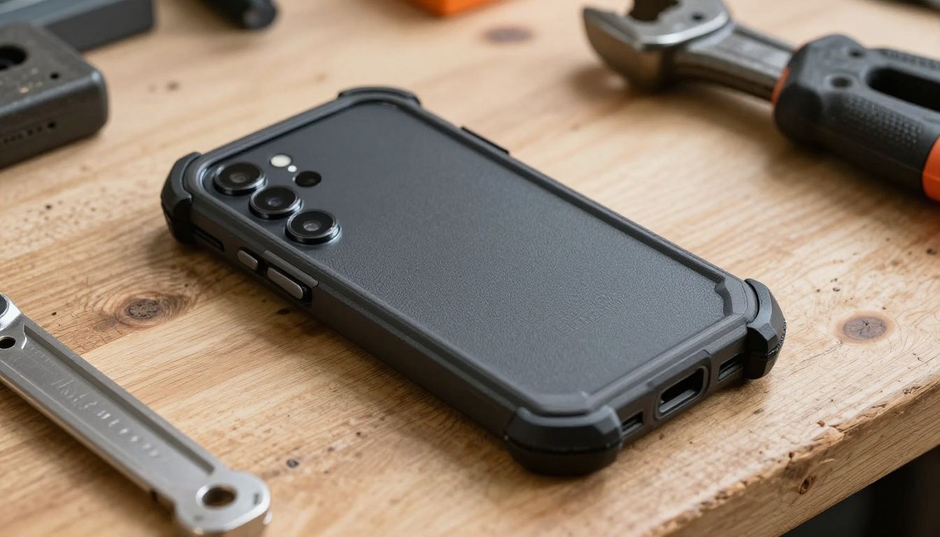 A Samsung Galaxy S26 in a rugged, heavy-duty case resting on a wooden workbench next to some tools, suggesting a worksite environment.
