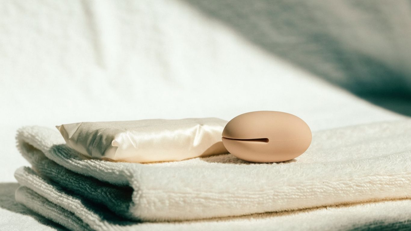 Condom wrapper and clean silicone toy on a folded towel