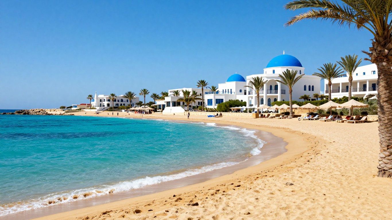 Cyprus beach with turquoise water and resort