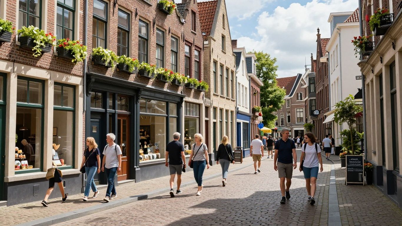 Straatbeeld in Maastricht met winkels en mensen