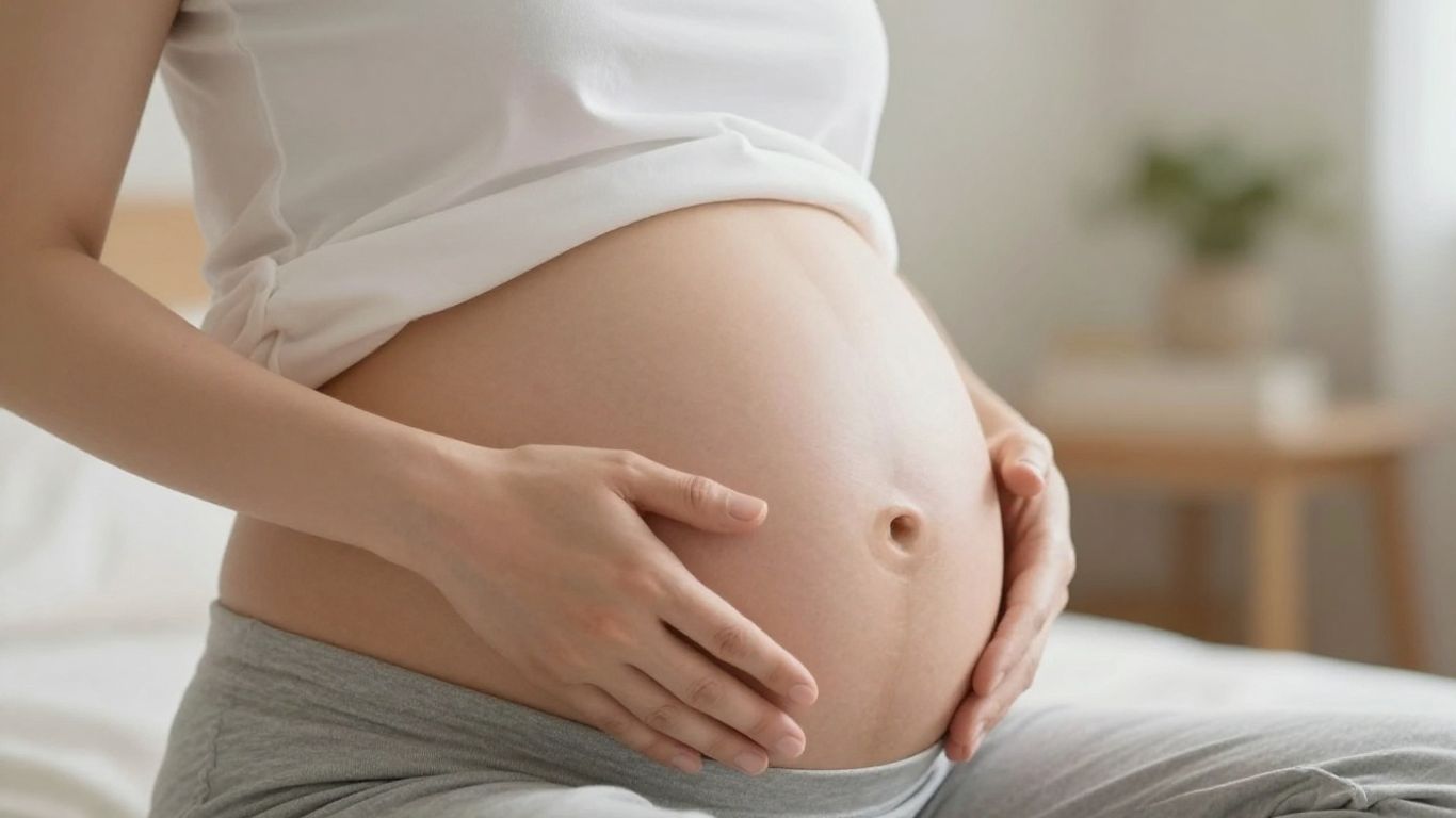 Mujer embarazada tocando su vientre a las 8 semanas.