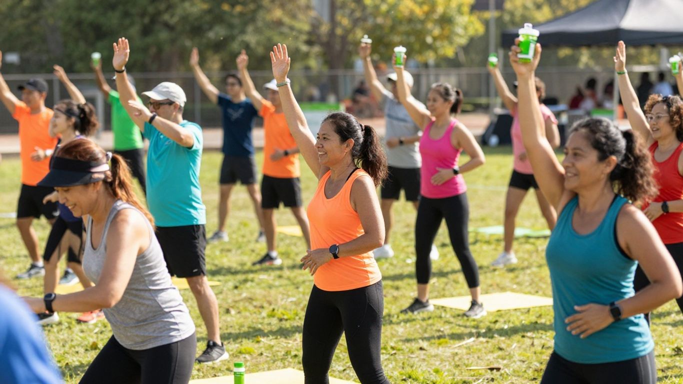 People exercising at an outdoor Herbalife fitness camp.