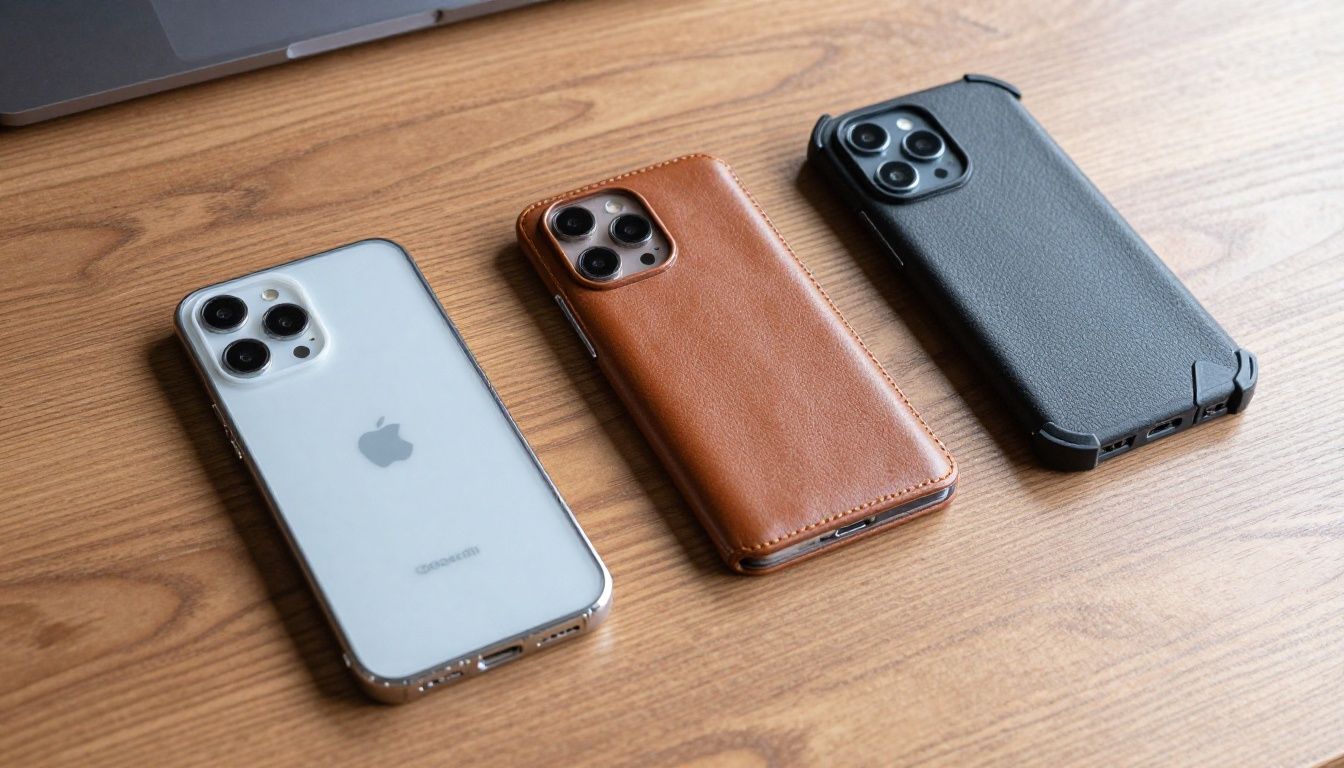 A flat lay of several different Galaxy S25 cases on a wooden table, showing a clear case, a leather wallet case, and a rugged textured case.