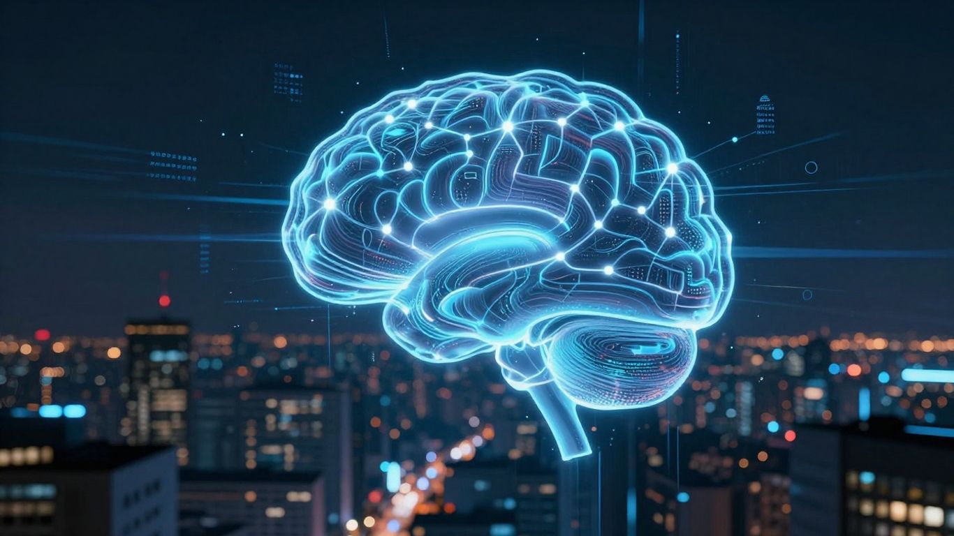 AI brain with digital streams over cityscape