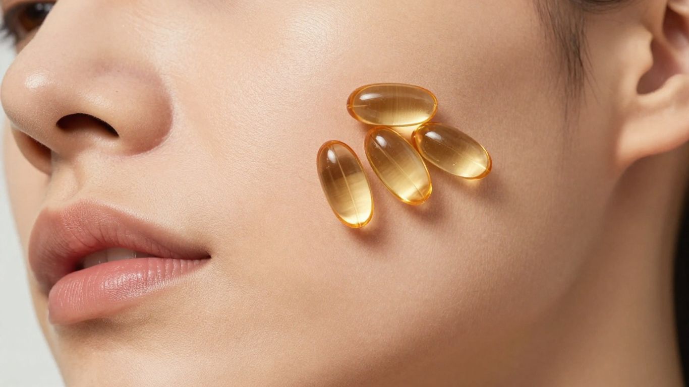 Vitamin E capsules near clear facial skin.