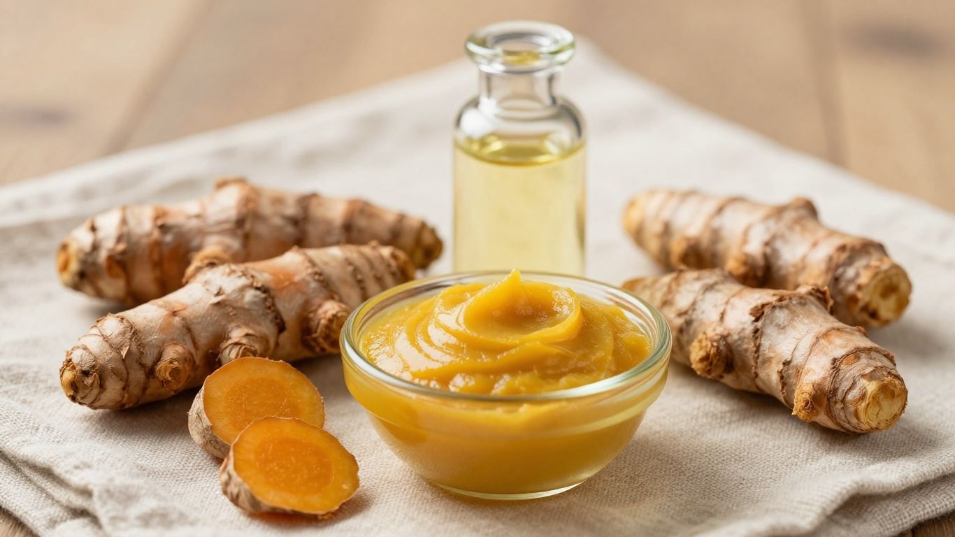 A vibrant arrangement of Ayurvedic beauty ingredients showcasing raw turmeric root, sandalwood paste, and coconut hair oil