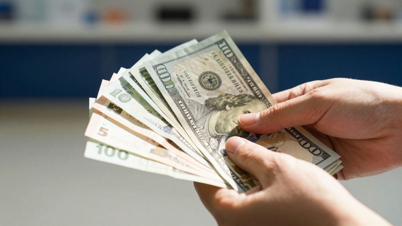 Hand holding money with bank background