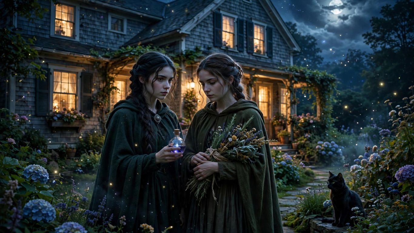 Two sisters stand beside a moonlit home and magical garden
