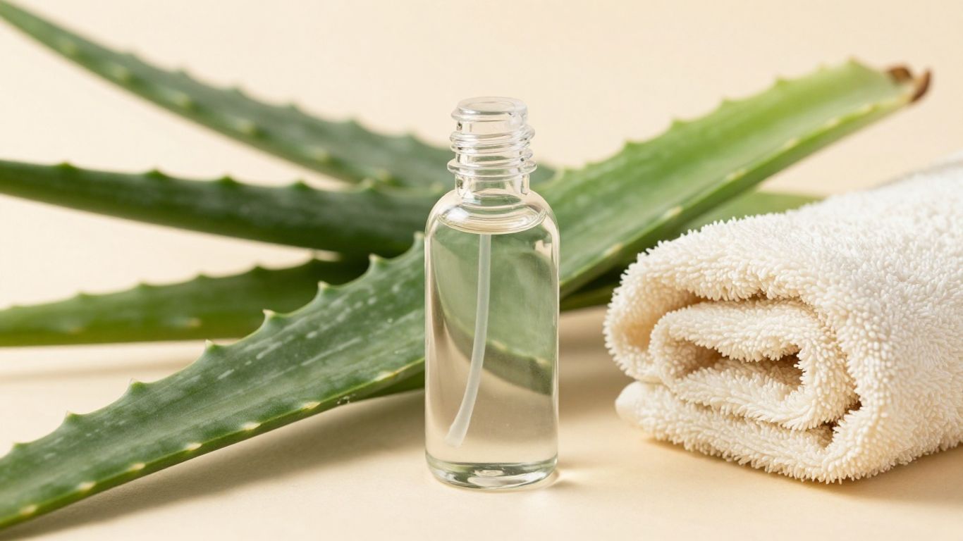 Glass bottle of lubricant with aloe and green leaves