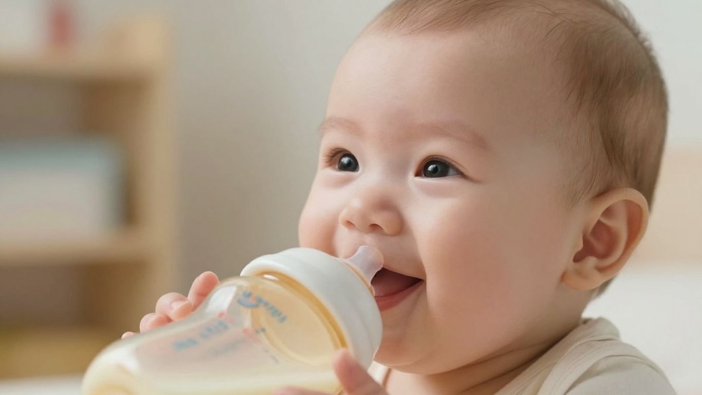 Bebé sonriendo con un biberón de leche.